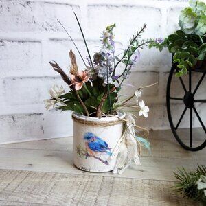 Bluebird Decor Shabby Chic Mini Wildflower Arrangement Song Bird Planter
